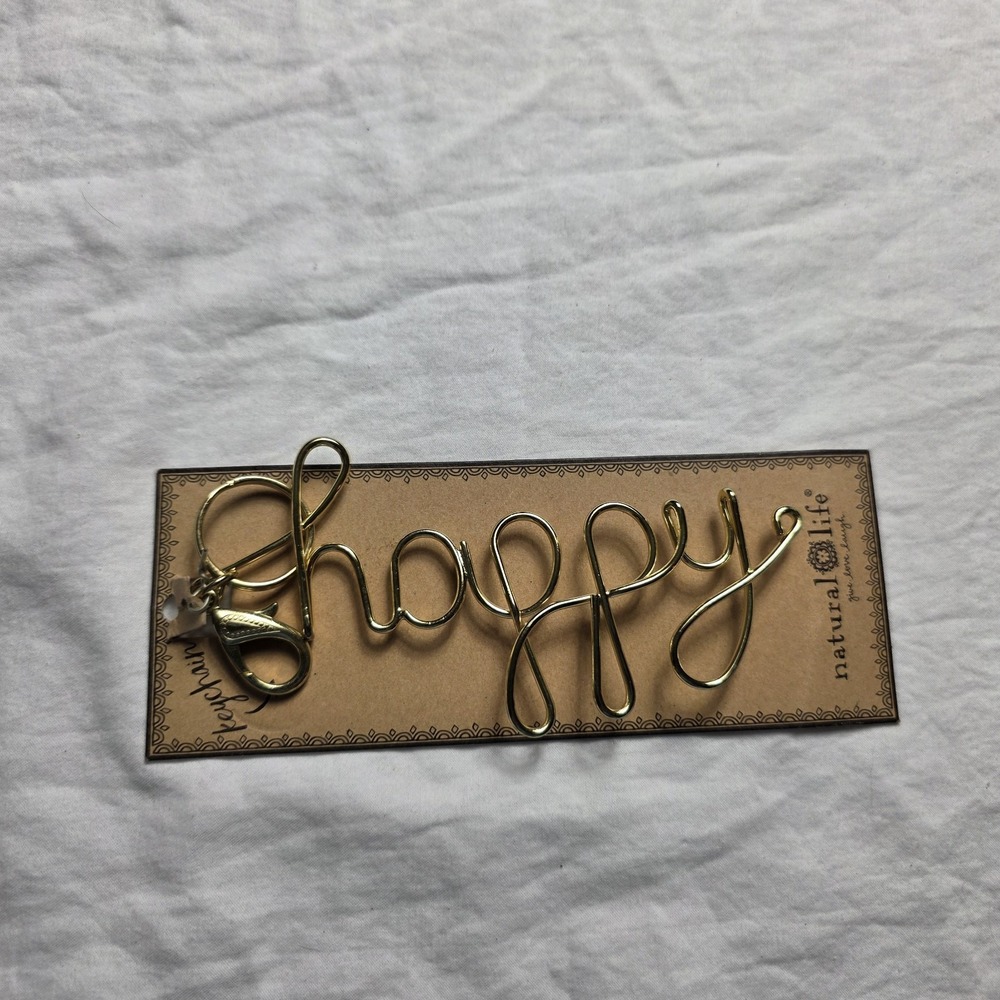 Natural Life Keychain Happy Cursive key clip golden color